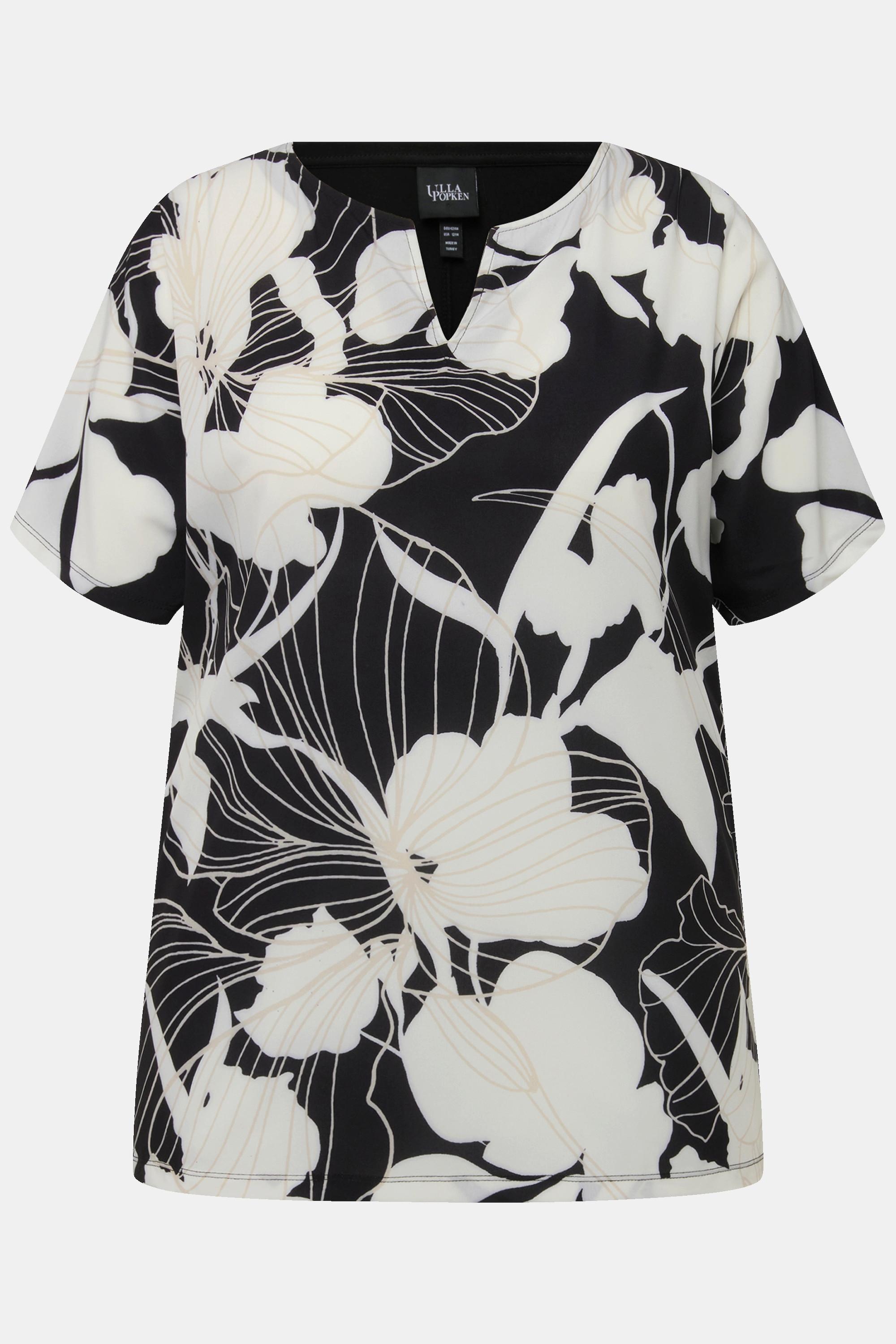 Ulla Popken T-Shirt Oversized Floreale Scollo a Tunica Mezza Manica  