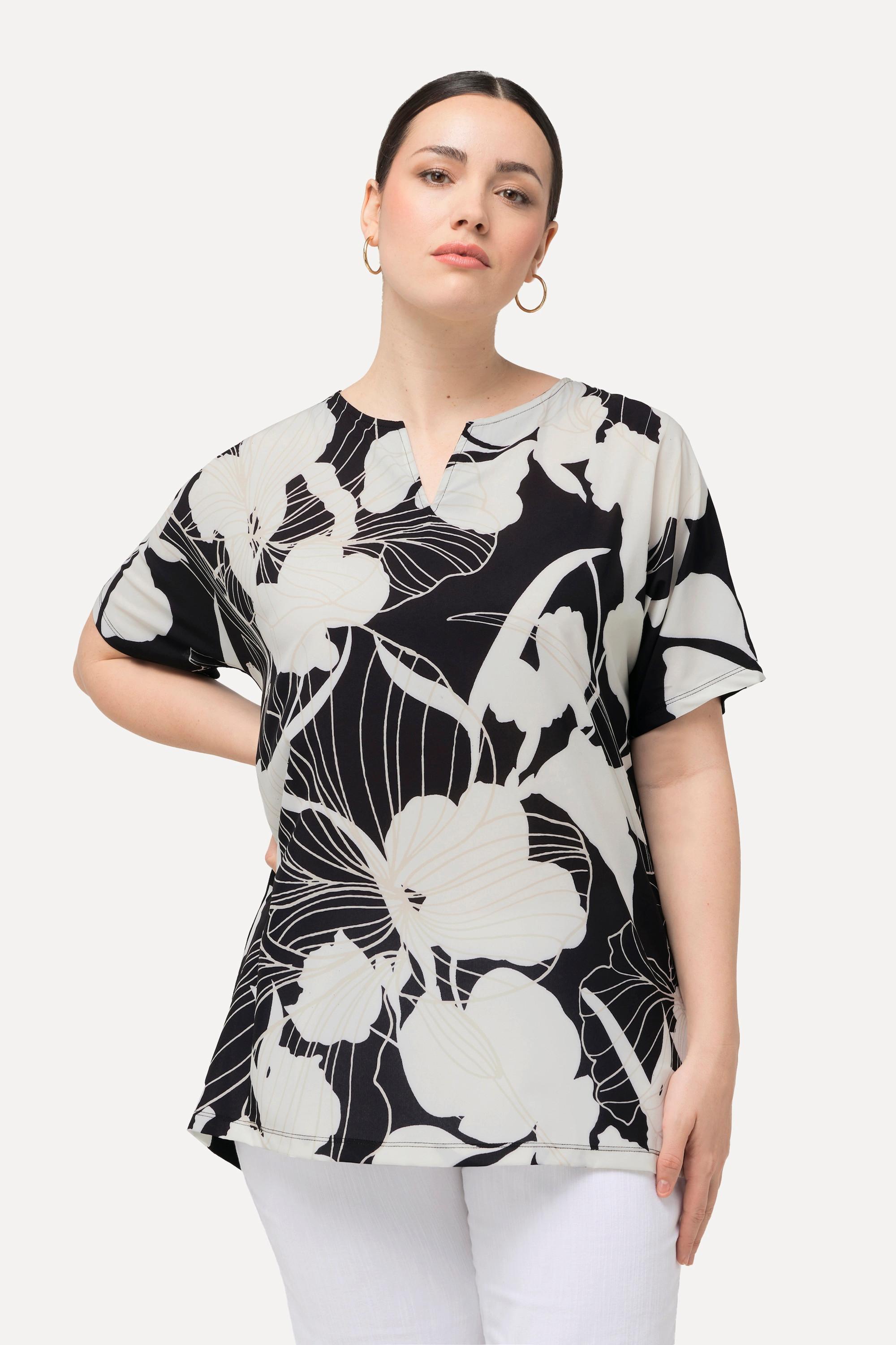 Ulla Popken T-Shirt Oversized Floreale Scollo a Tunica Mezza Manica  