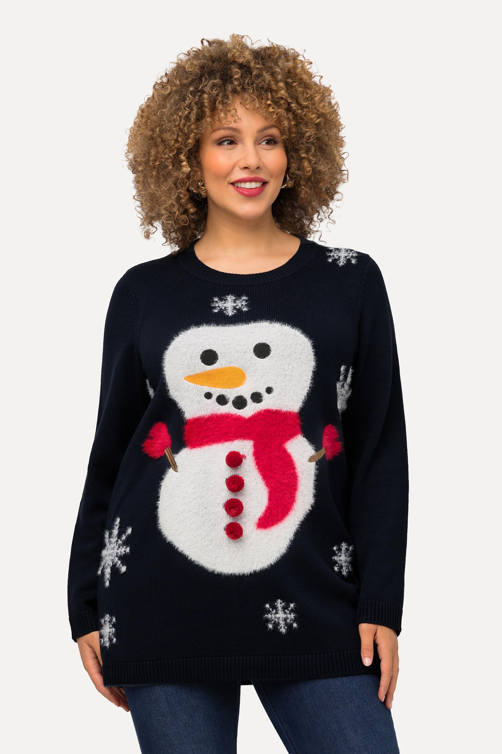 Ulla Popken  Pull de Noël, col rond et manches longues, motif bonhomme de neige 