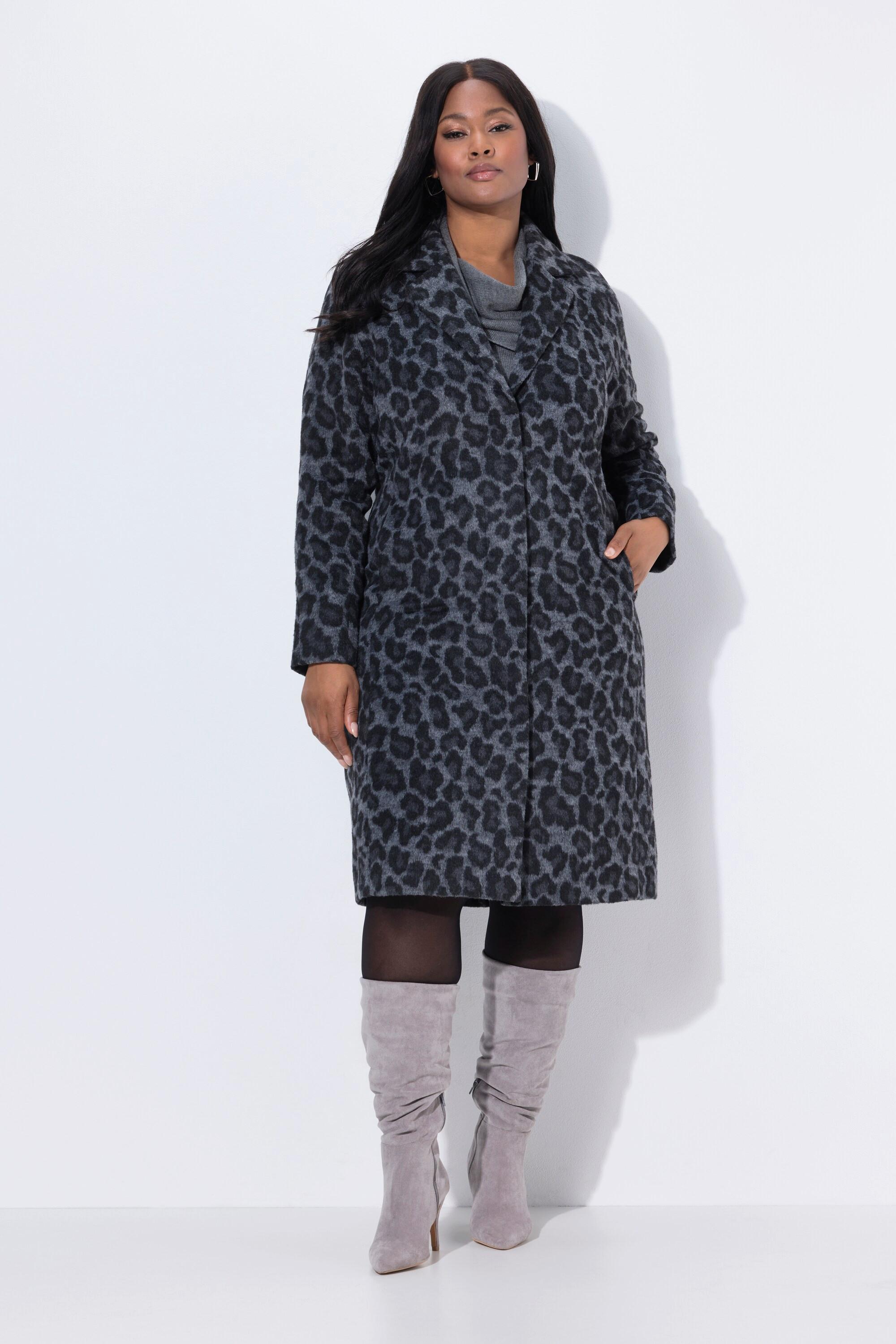 Ulla Popken Leopardenmuster Reverskragen Raglan Langarm Mantel  