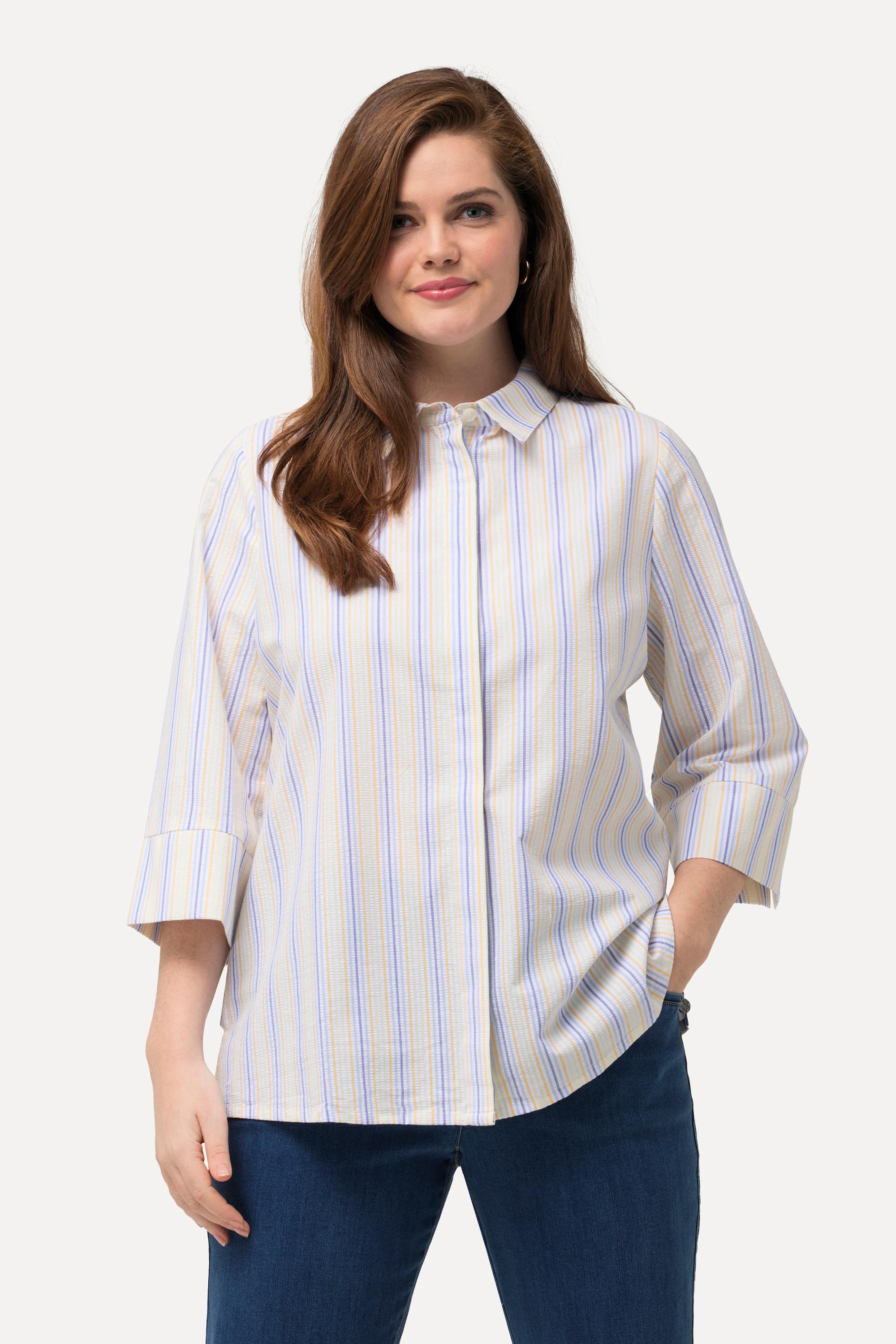 Ulla Popken  Camicia con righe con crespatura a bolle, collo da camicia e maniche a 3/4 