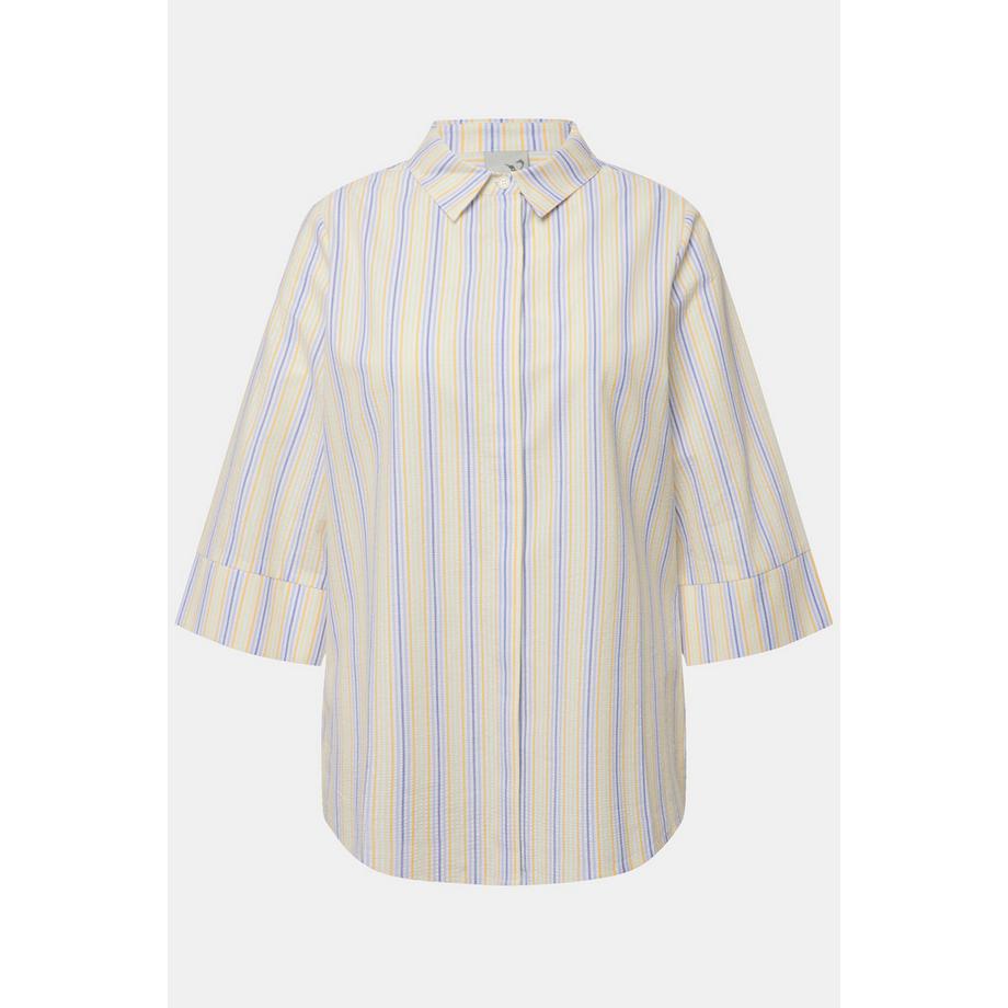 Ulla Popken Camicia Righe con Crespatura a Bolle Collo da Camicia Maniche 3/4  