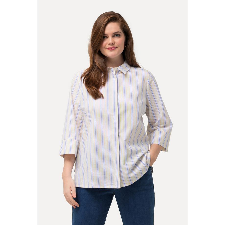 Ulla Popken Camicia Righe con Crespatura a Bolle Collo da Camicia Maniche 3/4  