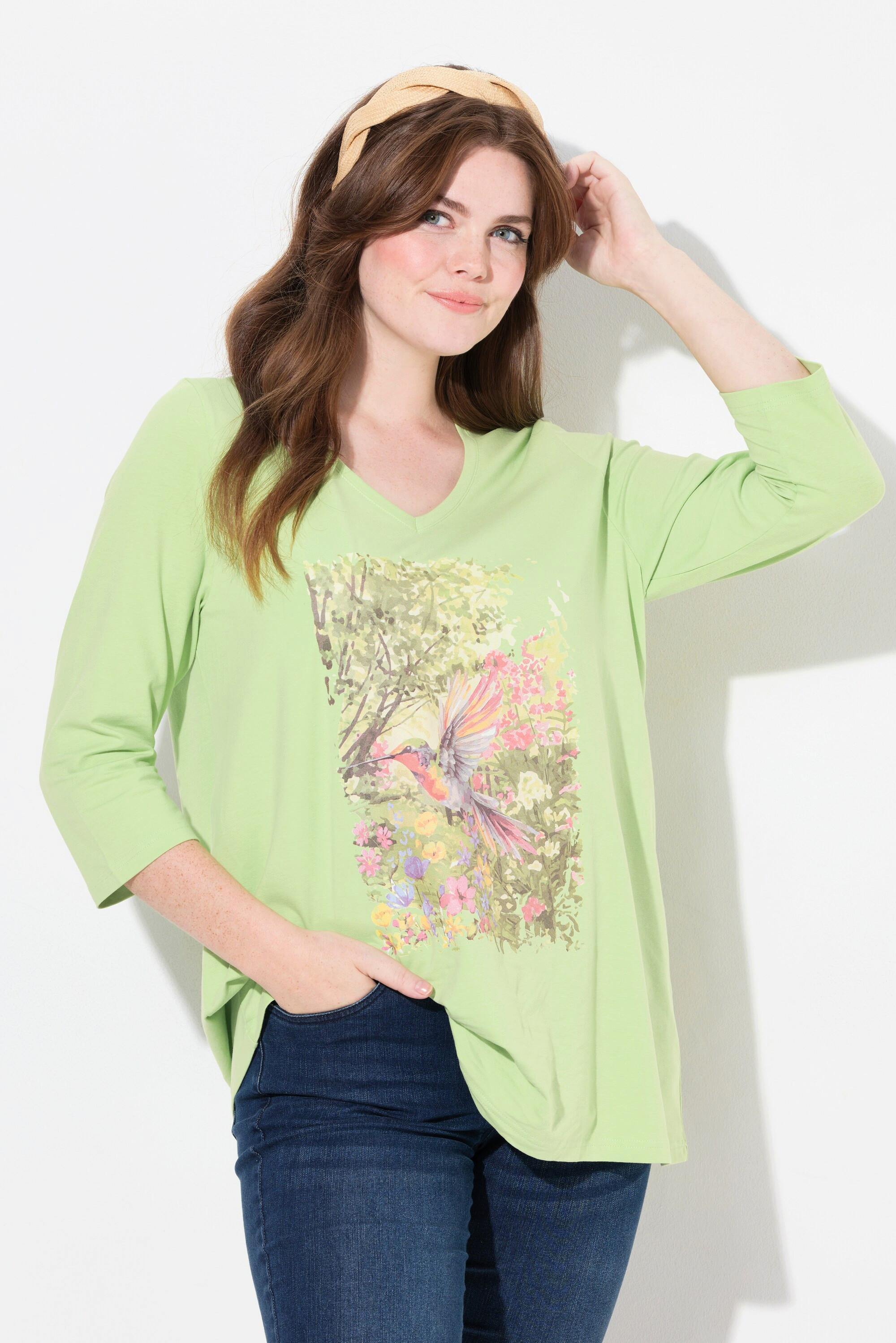 Ulla Popken  Shirt, Natur-Motiv, A-Linie, V-Ausschnitt, 3/4-Arm 