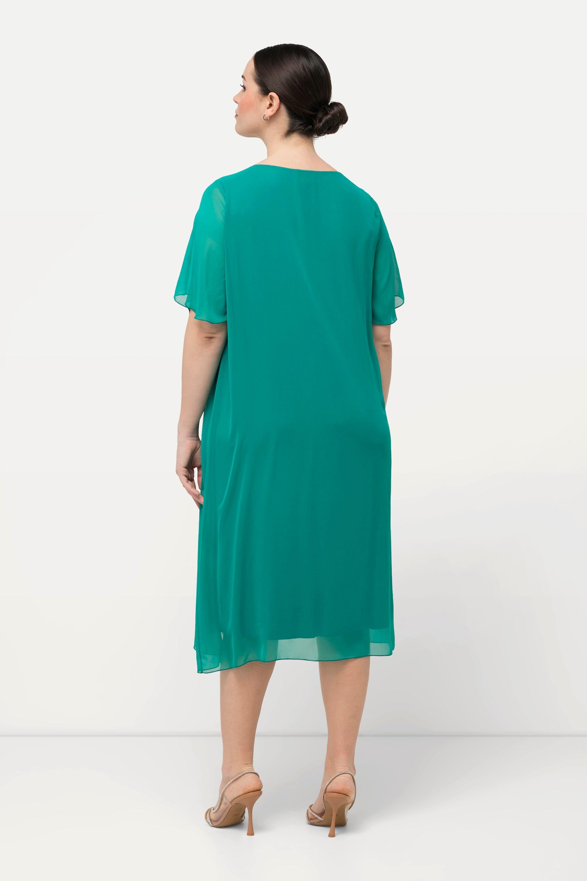 Ulla Popken Chiffonkleid Schmucksteine A-Linie Rundhals Halbarm  