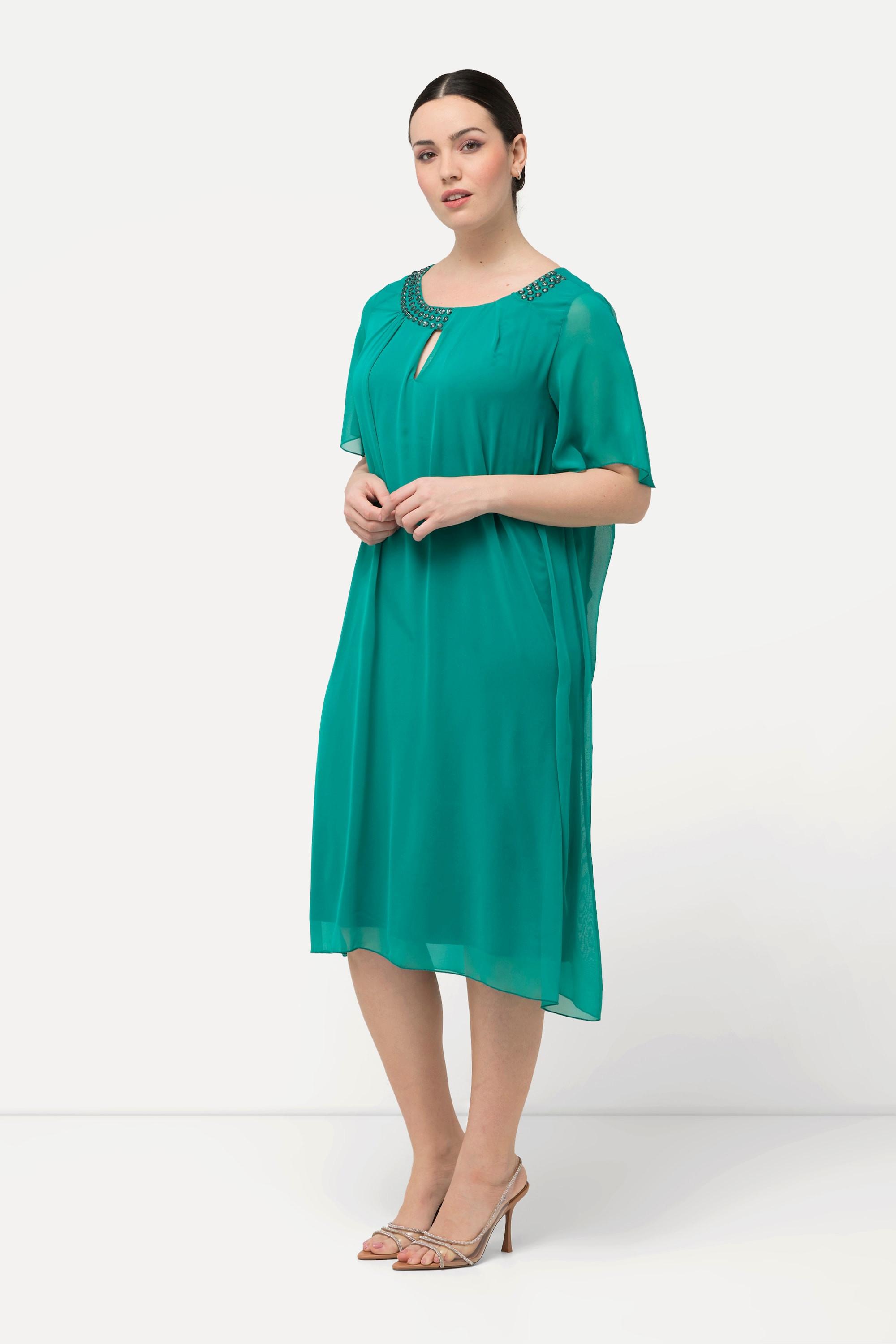 Ulla Popken Chiffonkleid Schmucksteine A-Linie Rundhals Halbarm  