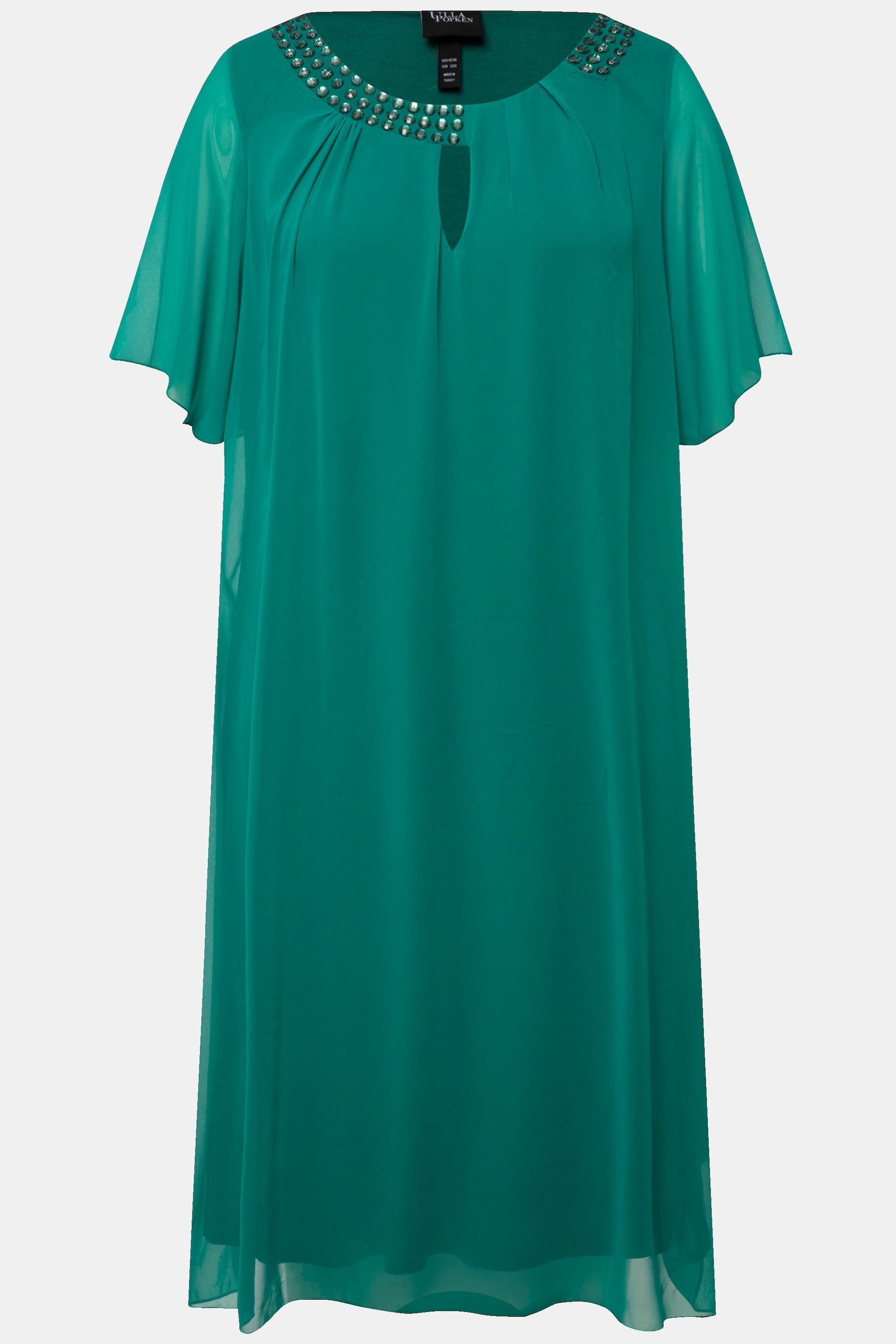 Ulla Popken Chiffonkleid Schmucksteine A-Linie Rundhals Halbarm  