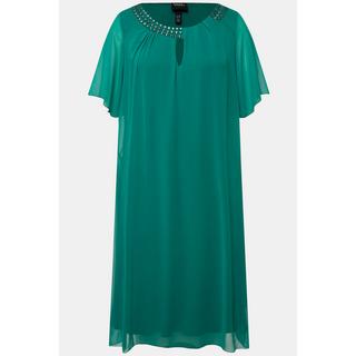 Ulla Popken Chiffonkleid Schmucksteine A-Linie Rundhals Halbarm  