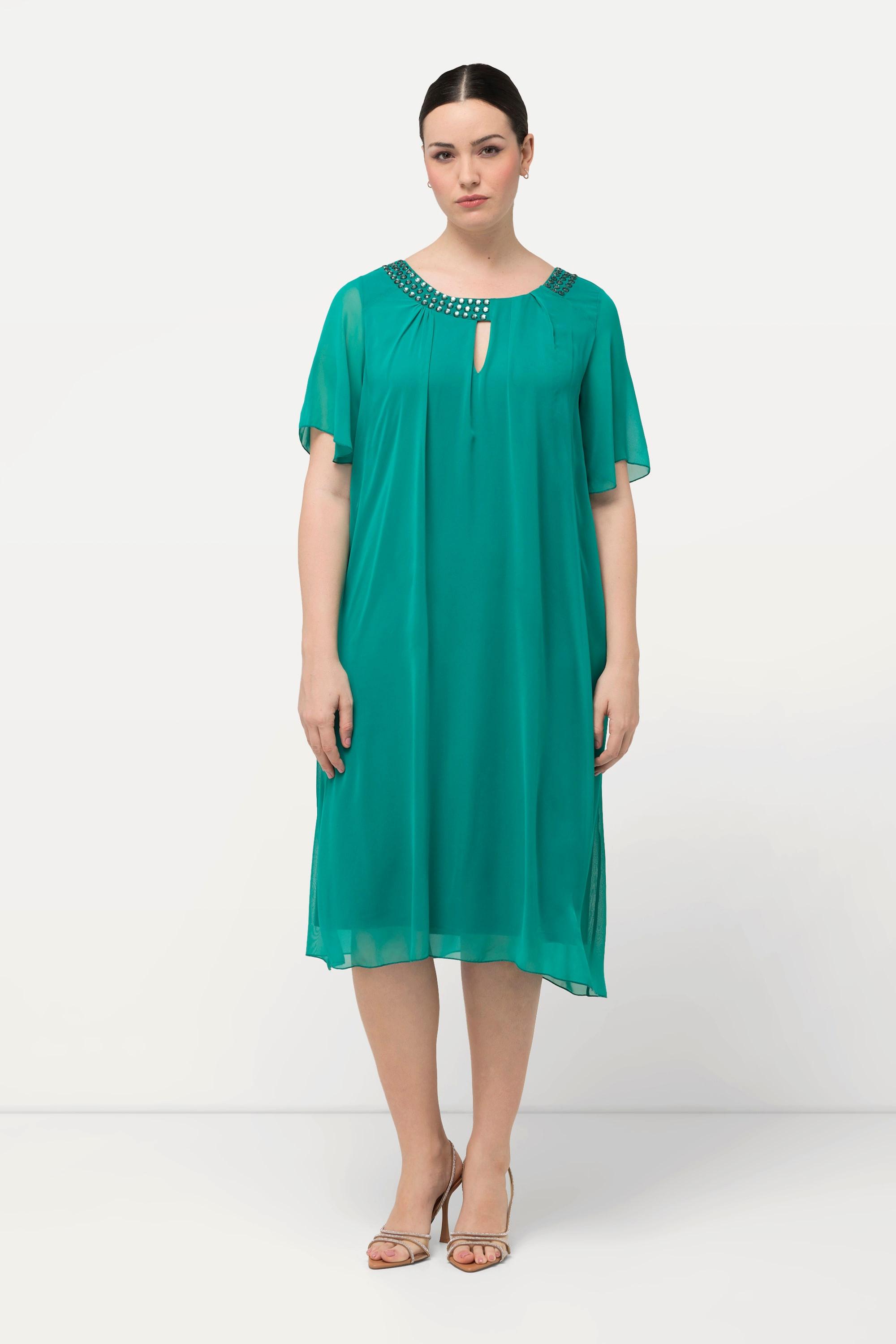 Ulla Popken Chiffonkleid Schmucksteine A-Linie Rundhals Halbarm  