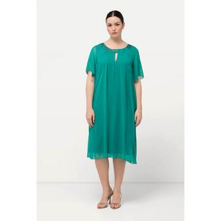 Ulla Popken Chiffonkleid Schmucksteine A-Linie Rundhals Halbarm  