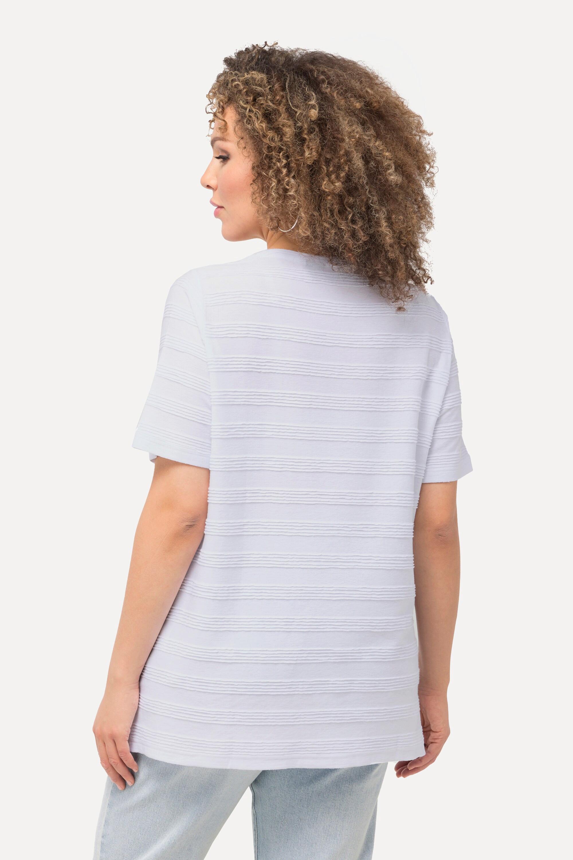 Ulla Popken  T-shirt con texture a righe, scollo a V e mezze maniche 