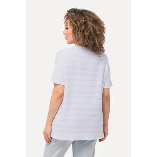 Ulla Popken  T-shirt à manches courtes et col V. Rayures en tissu texturé 