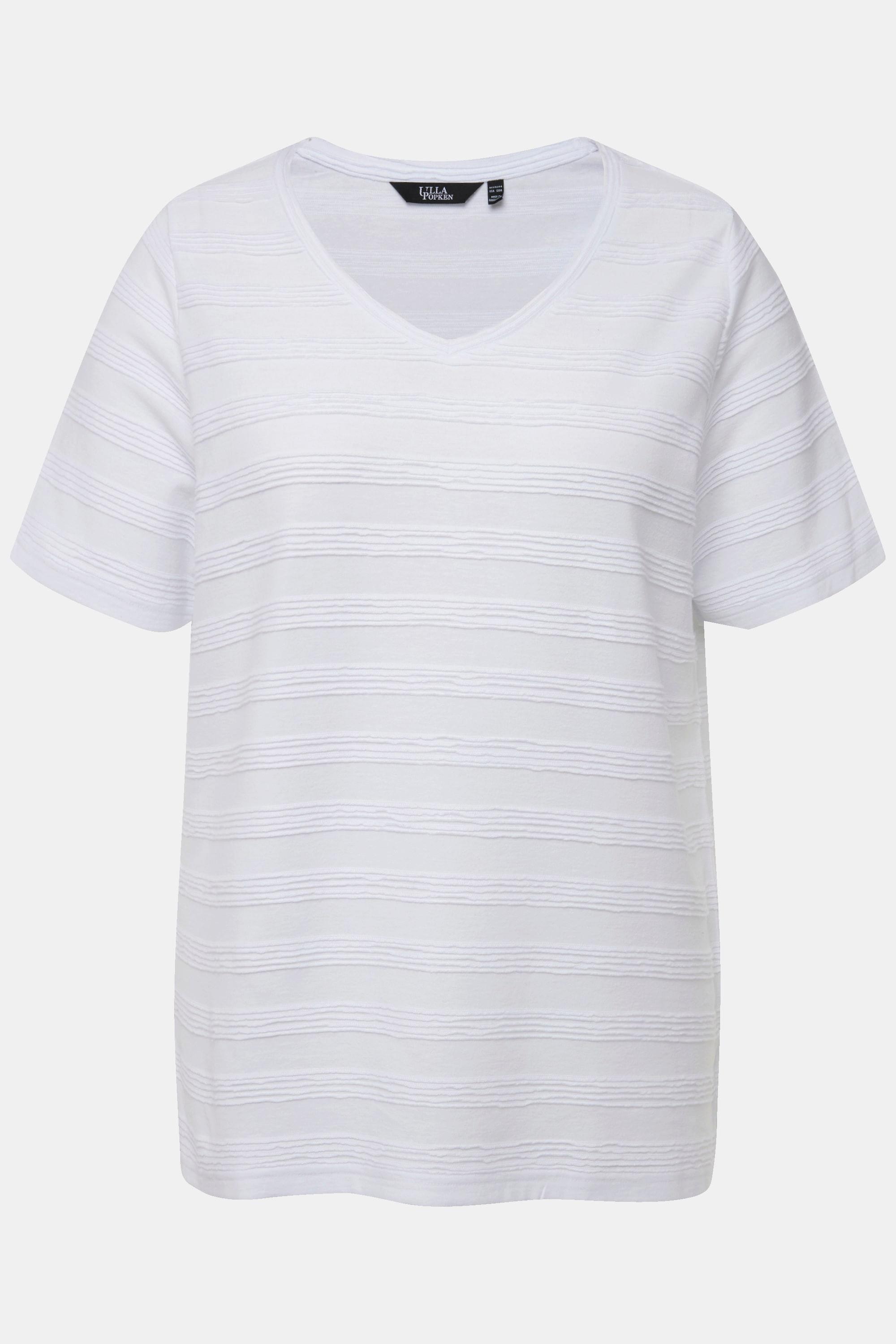 Ulla Popken  T-shirt con texture a righe, scollo a V e mezze maniche 