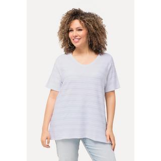 Ulla Popken  T-shirt con texture a righe, scollo a V e mezze maniche 