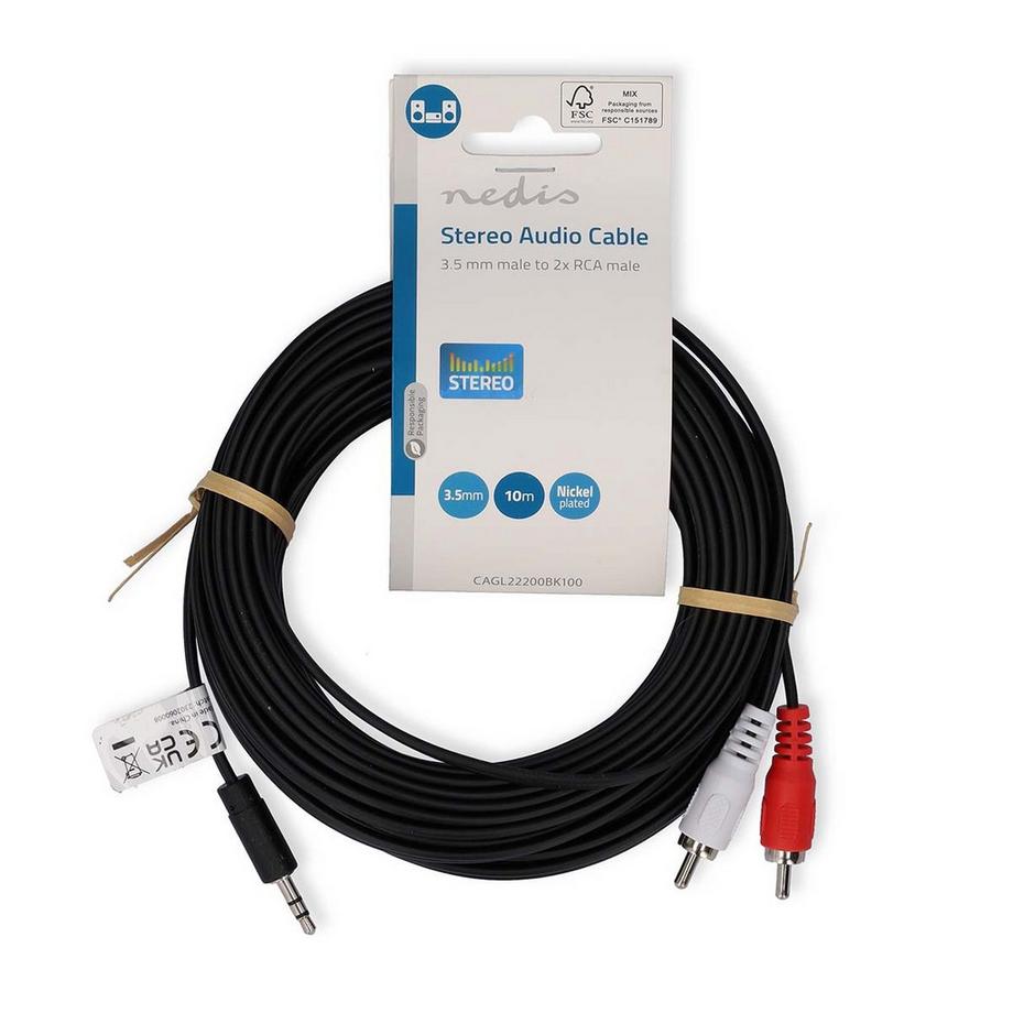 Nedis  Câble audio stéréo | 3,5 mm Hane | 2x RCA Hane | Nickelplaterad | 10,0 m | Rond | Svart | Label 