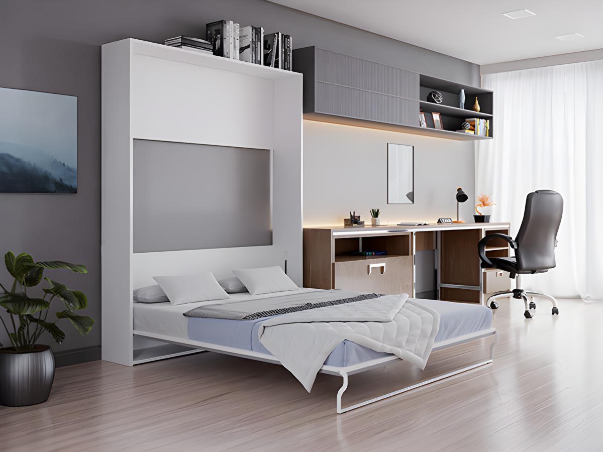 Vente-unique Schrankbett + Matratze - 160 x 200 cm - Manuelle vertikale Öffnung - Weiß & Grau - MALINA II  