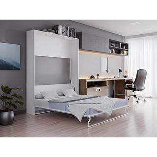 Vente-unique Lit escamotable 160 x 200 cm - Ouverture verticale manuelle - Blanc et gris + Matelas - MALINA  II  