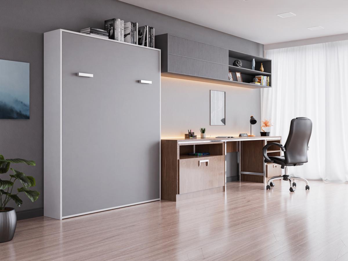 Vente-unique Schrankbett + Matratze - 160 x 200 cm - Manuelle vertikale Öffnung - Weiß & Grau - MALINA II  