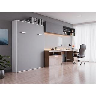 Vente-unique Schrankbett + Matratze - 160 x 200 cm - Manuelle vertikale Öffnung - Weiß & Grau - MALINA II  