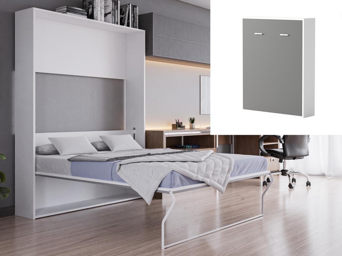 Vente-unique Lit escamotable 160 x 200 cm - Ouverture verticale manuelle - Blanc et gris + Matelas - MALINA  II  