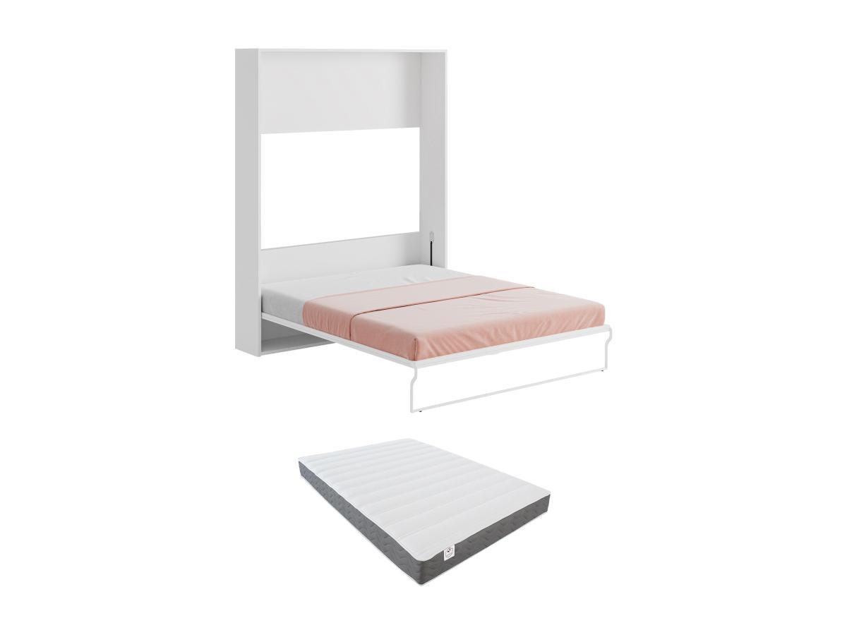 Vente-unique Lit escamotable 160 x 200 cm - Ouverture verticale manuelle - Blanc et gris + Matelas - MALINA  II  