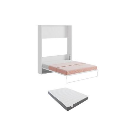 Vente-unique Lit escamotable 160 x 200 cm - Ouverture verticale manuelle - Blanc et gris + Matelas - MALINA  II  