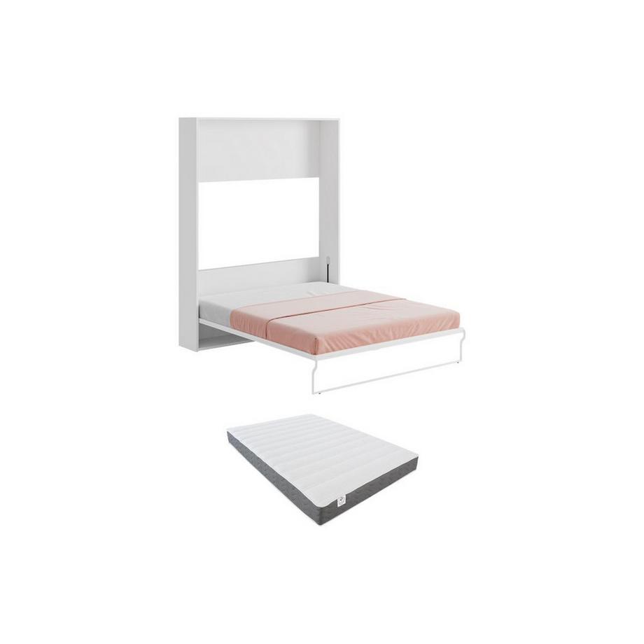 Lit escamotable 160 x 200 cm - Ouverture verticale manuelle - Blanc et gris + Matelas - MALINA  II