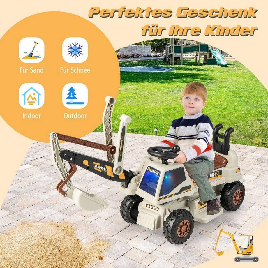 B2X  6V Kinder Sitzbagger mit drehbarer & verstellbarer Schaufel & Musik Schwarz + Grau 