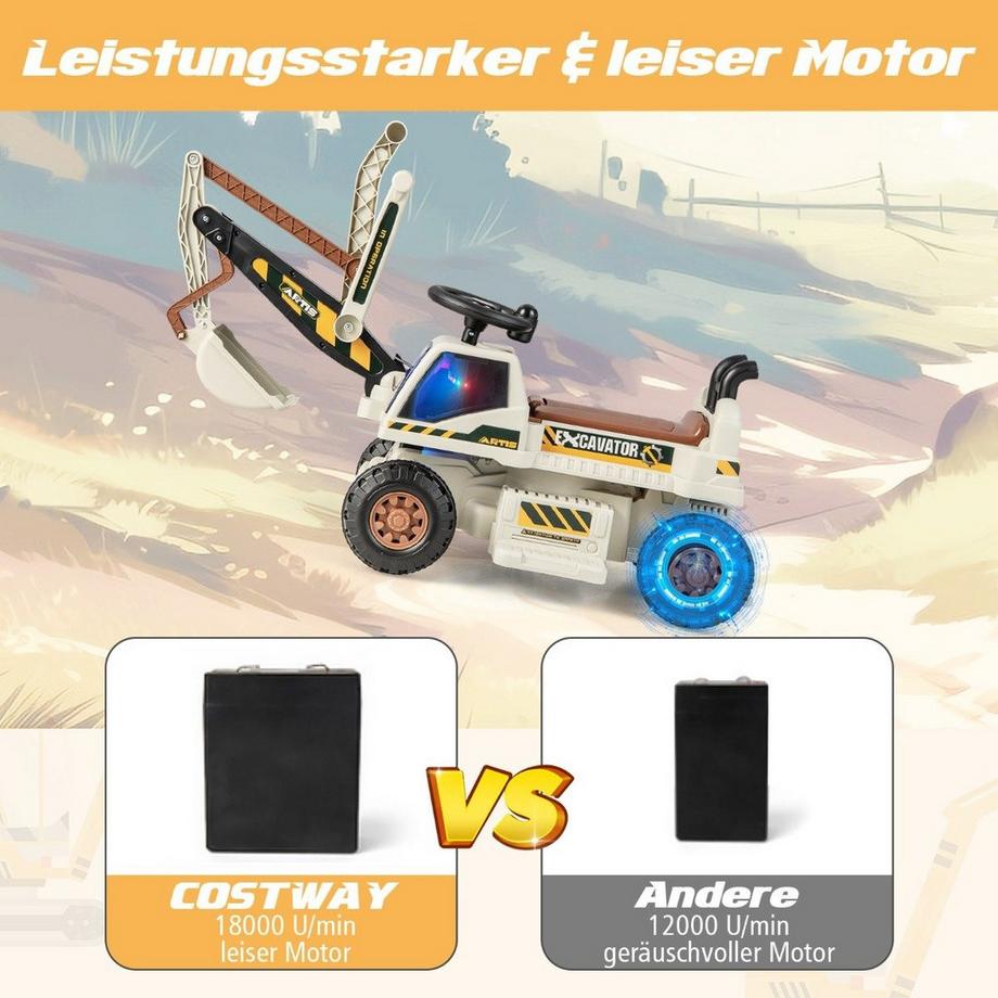 B2X  6V Kinder Sitzbagger mit drehbarer & verstellbarer Schaufel & Musik Schwarz + Grau 