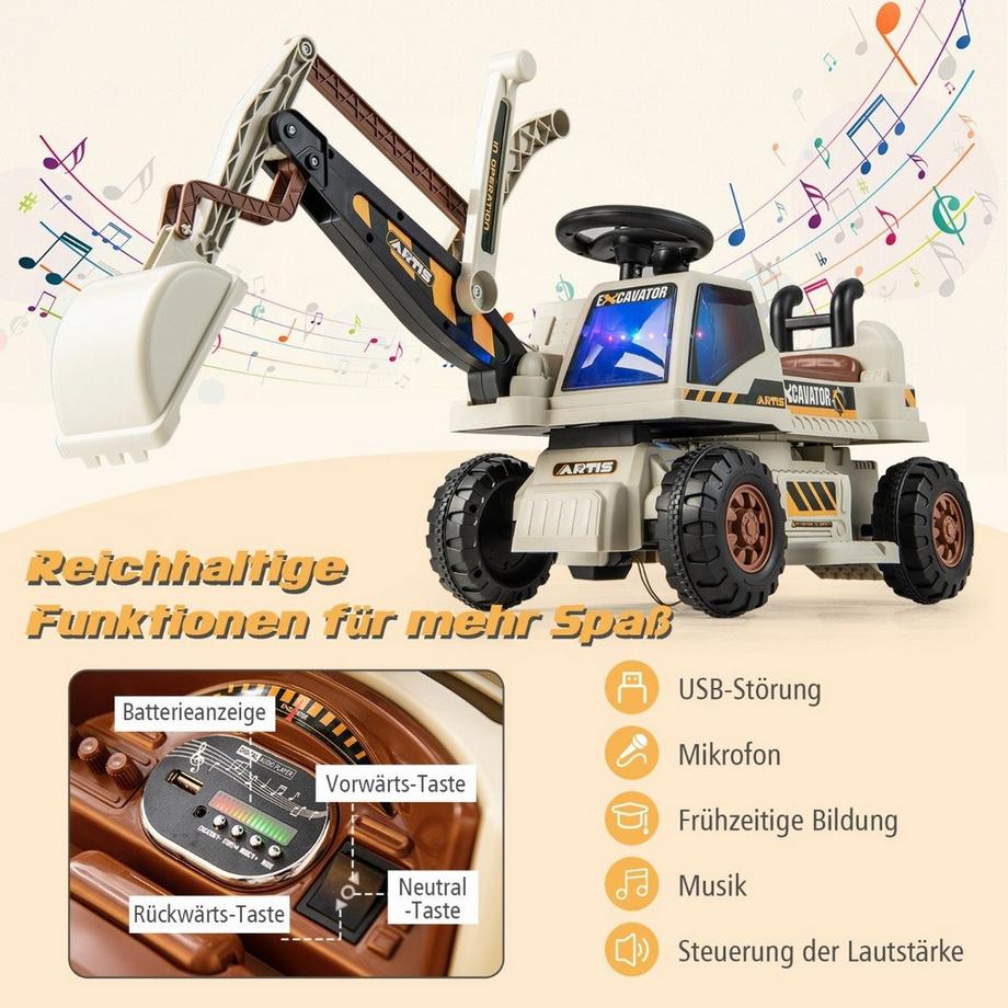 B2X  6V Kinder Sitzbagger mit drehbarer & verstellbarer Schaufel & Musik Schwarz + Grau 