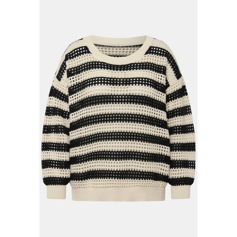 Ulla Popken Häkelpullover Streifen Oversized Rundhals Langarm  