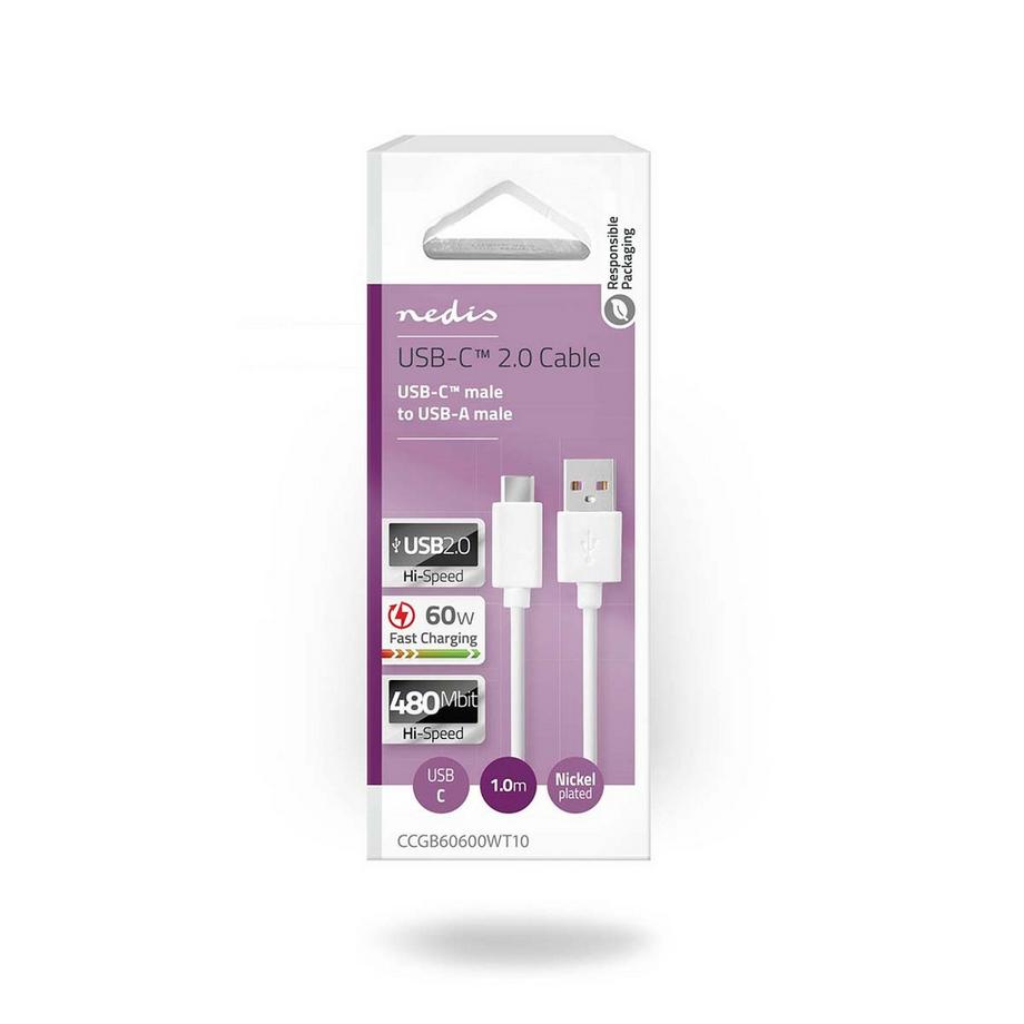 Nedis  Cavo USB | USB 2.0 | USB-A Maschio | USB-C™ Maschio | 60 W | 480 Mbps | Nichelato | 1,00 m | Rotondo | PVC | Bianco | Scatola 