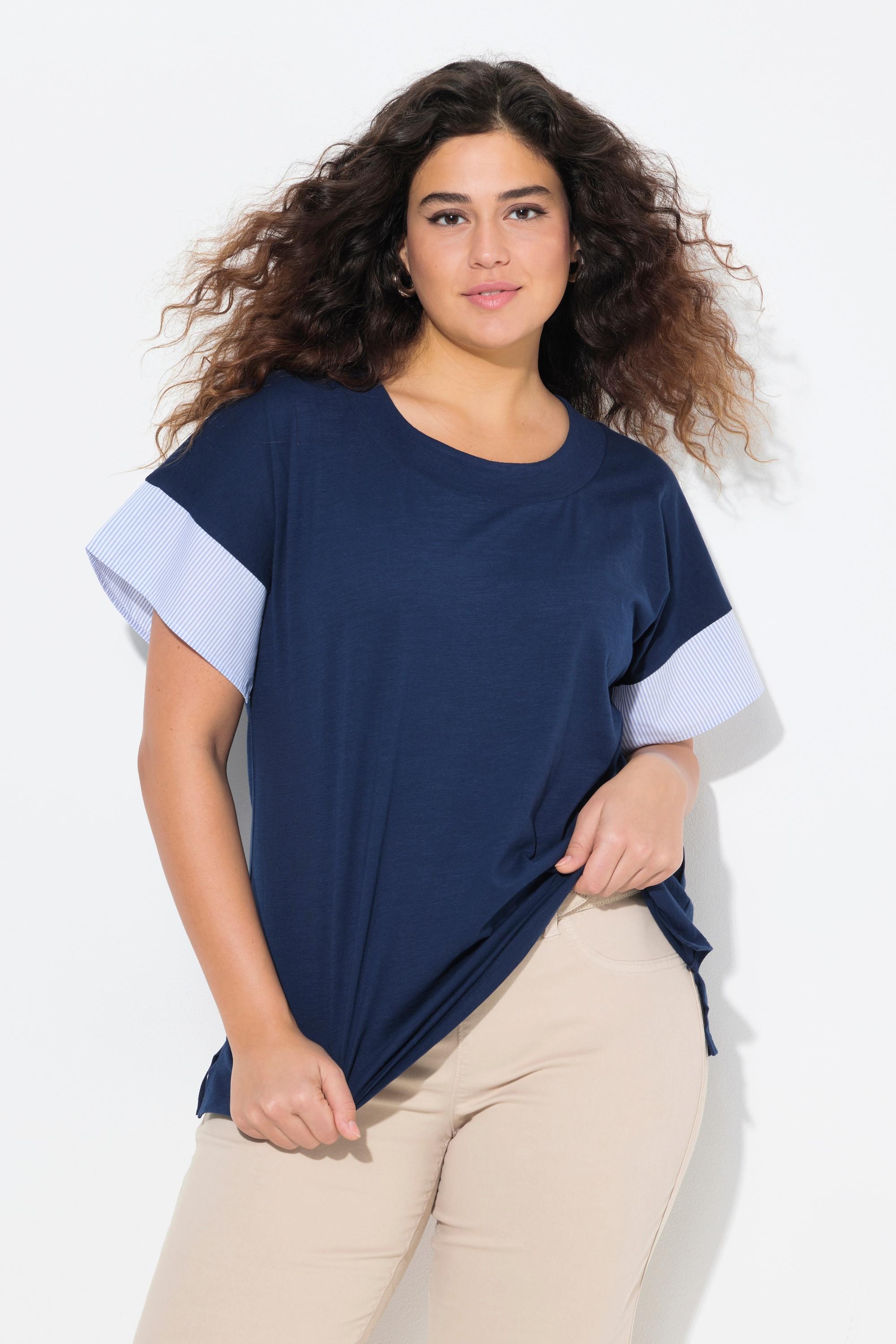 Ulla Popken  T-shirt dal taglio oversize con righe, scollo a girocollo e mezze maniche 