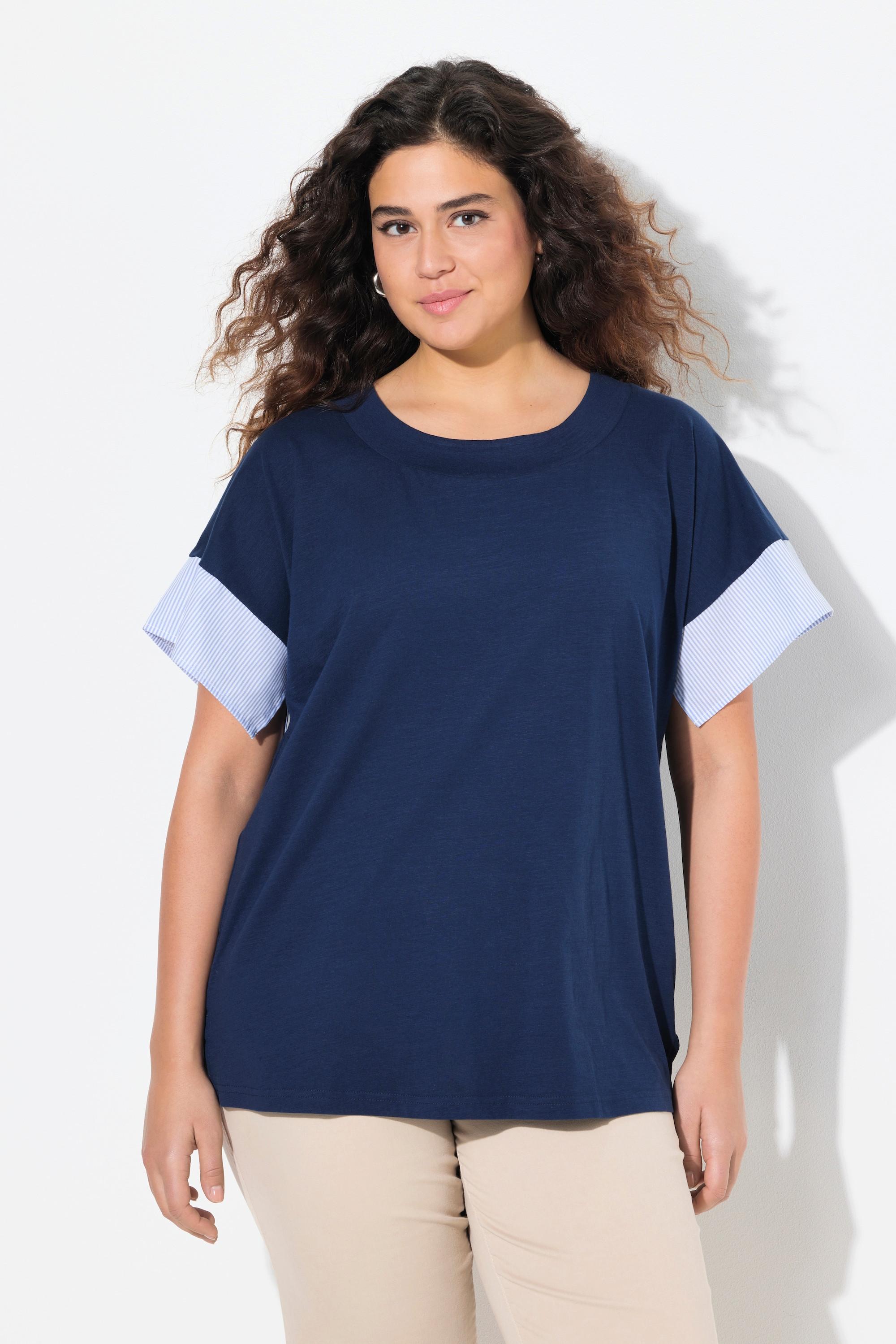 Ulla Popken  T-shirt dal taglio oversize con righe, scollo a girocollo e mezze maniche 