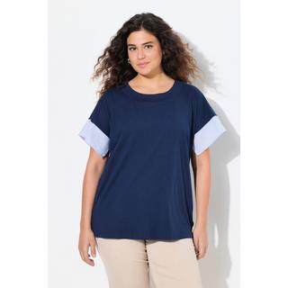 Ulla Popken  T-shirt dal taglio oversize con righe, scollo a girocollo e mezze maniche 