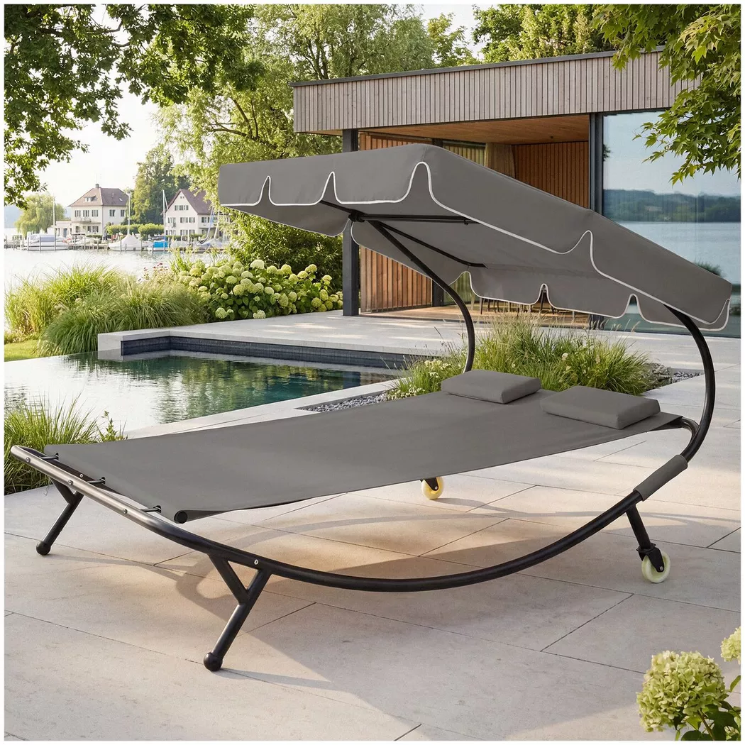 tectake® Gartenliege, für 2 Personen, 2 Transportrollen, 2 Kopfpolster, 215 x 183 x 150 cm
