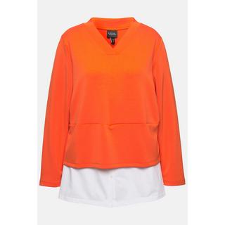 Ulla Popken  Sweat-shirt, col en V et manches longues, empiècement chemisier intégré 