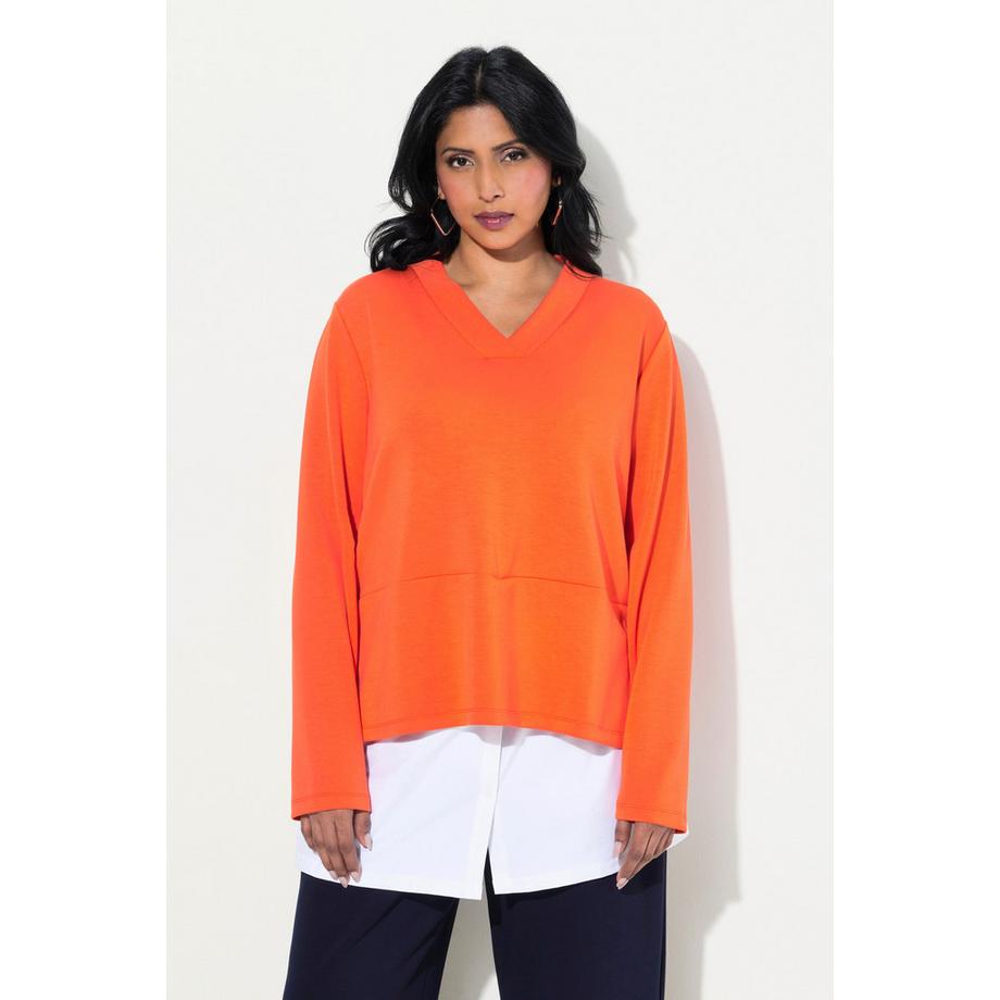 Ulla Popken Sweat-shirt Empiècement Blouse Col V Manches Longues  
