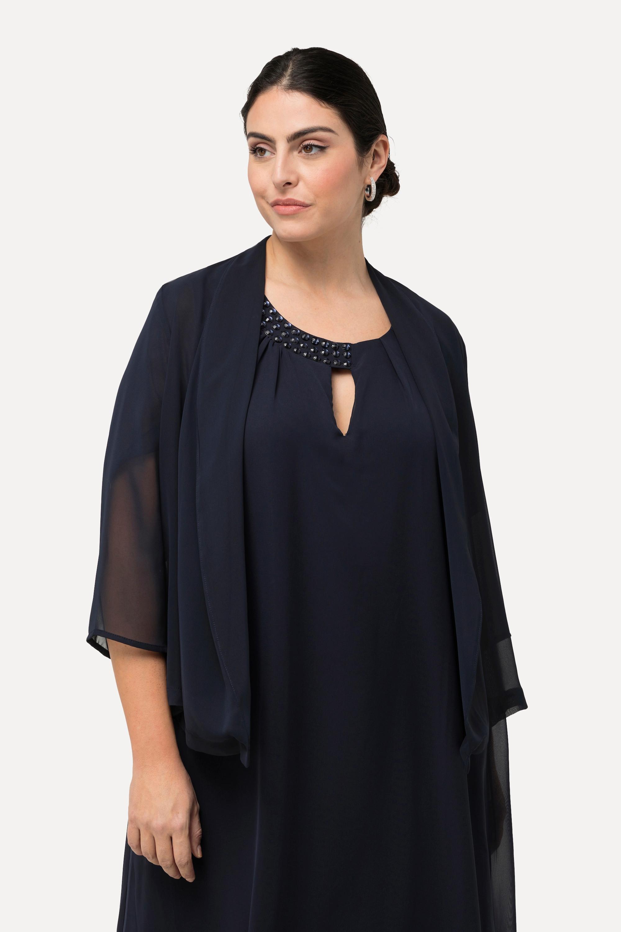 Ulla Popken  Giacca di chiffon dal taglio oversize con collo a scialle e maniche a 3/4 