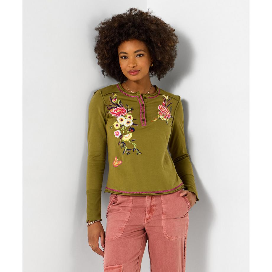 Langarmshirt mit Blumenstickerei und Knopfleiste