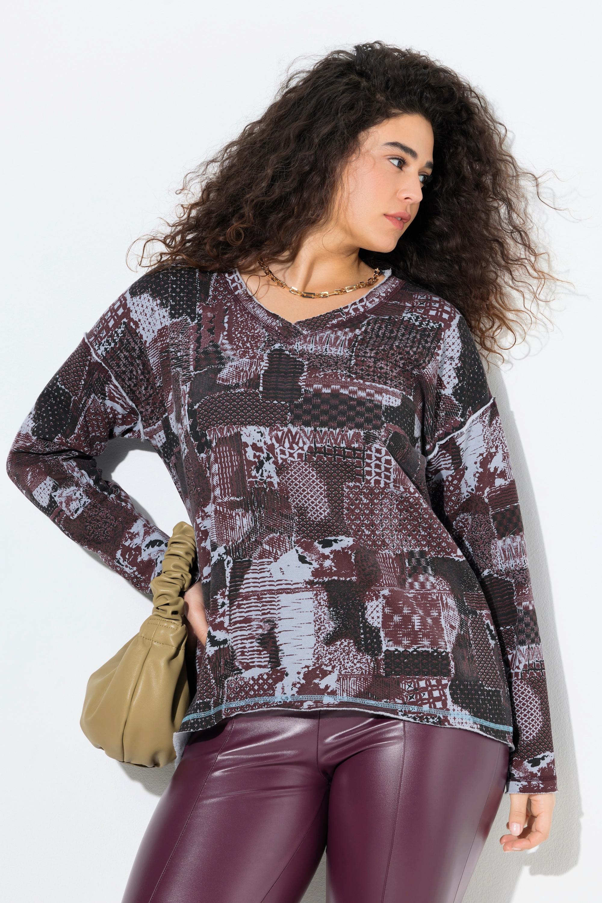 Ulla Popken Sweat-shirt col en V manches longues imprimé patchwork  