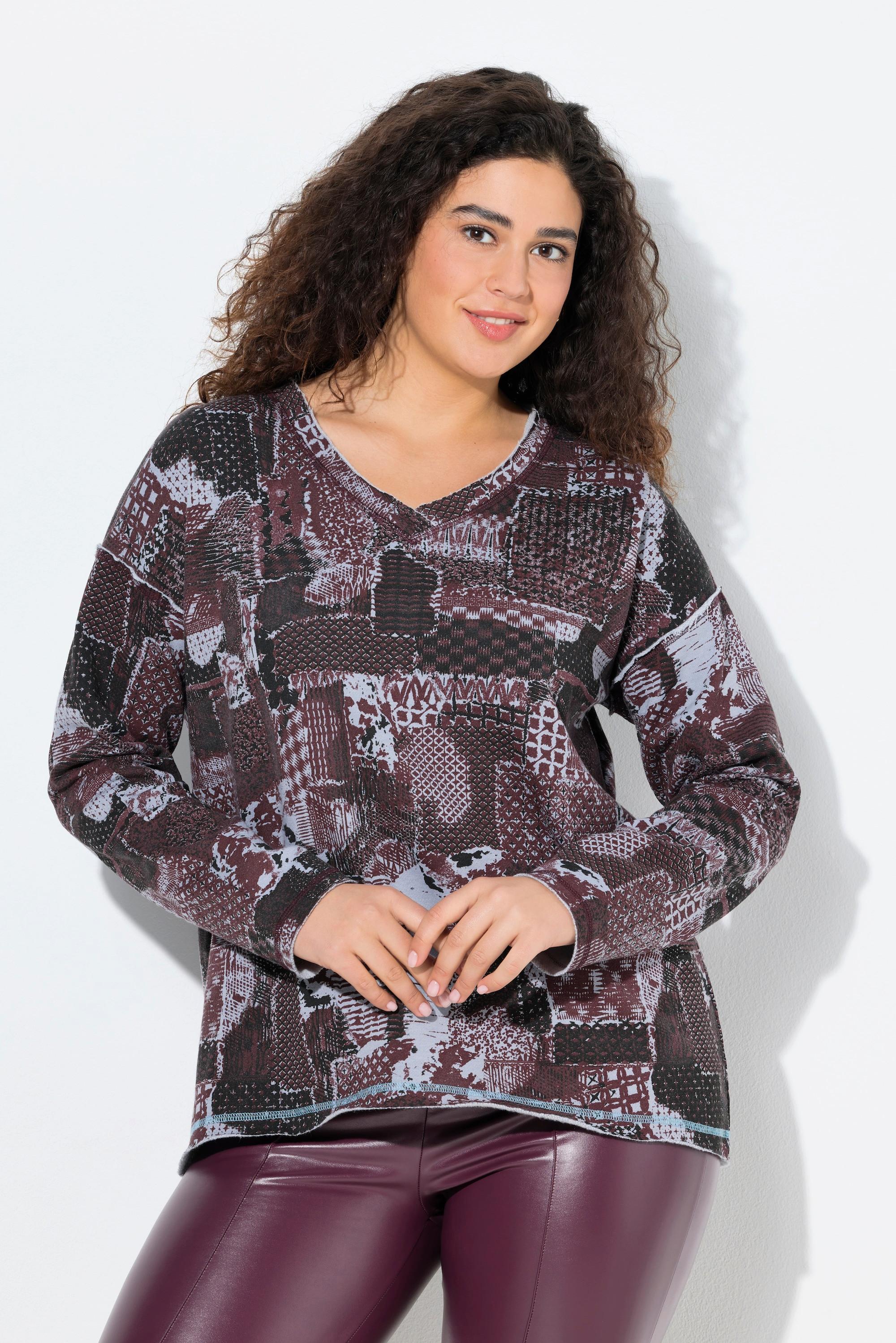 Ulla Popken Sweat-shirt col en V manches longues imprimé patchwork  