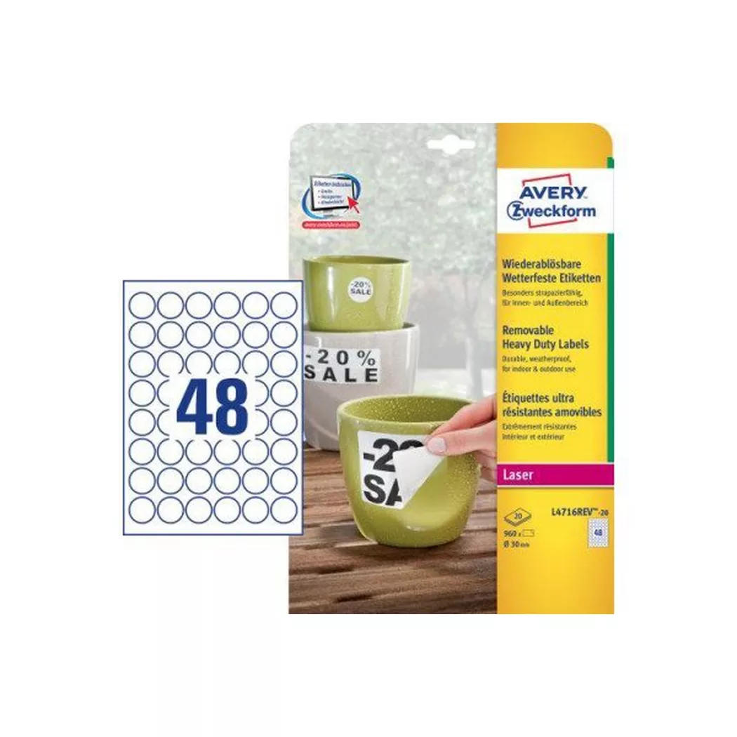 Avery-Zweckform – AVERY ZWECKFORM Etiketten Laser 30mm, 20 Blatt, One Size, Weiss