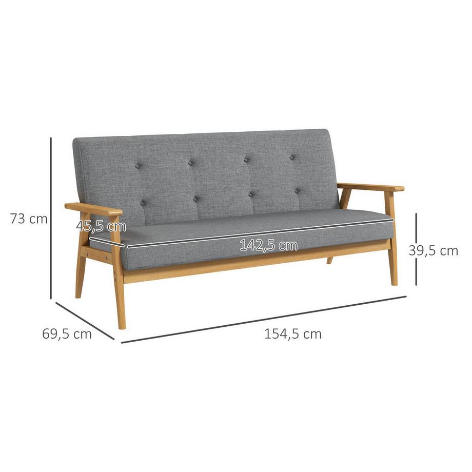 Northio Dreisitzer-Polstersofa, Kautschukholz, 154,5 x 69,5 x 73 cm, Grau  