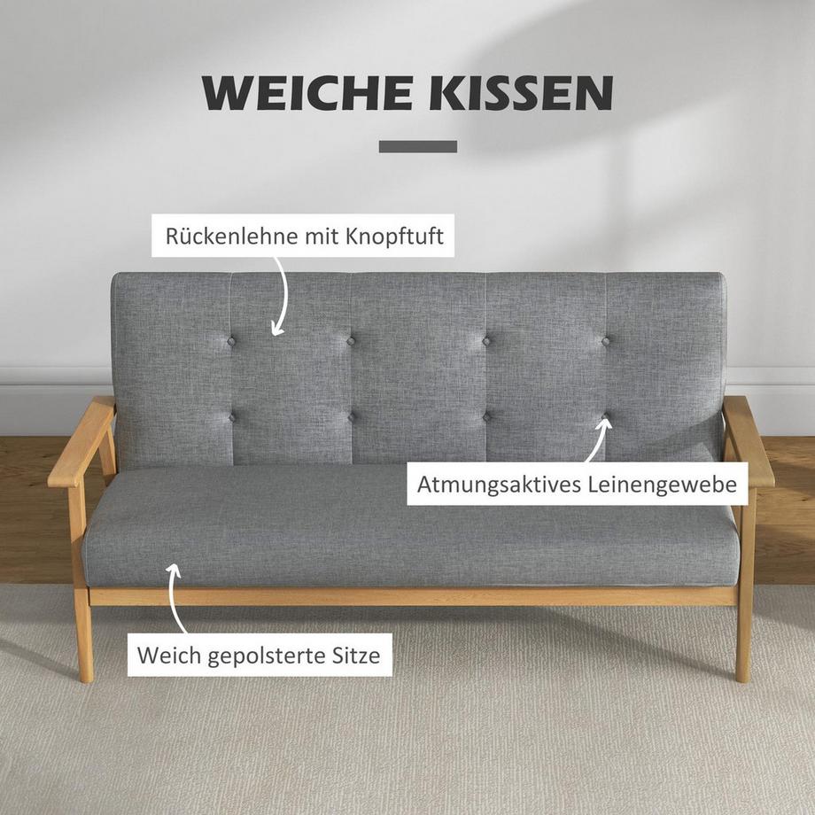 Northio Dreisitzer-Polstersofa, Kautschukholz, 154,5 x 69,5 x 73 cm, Grau  