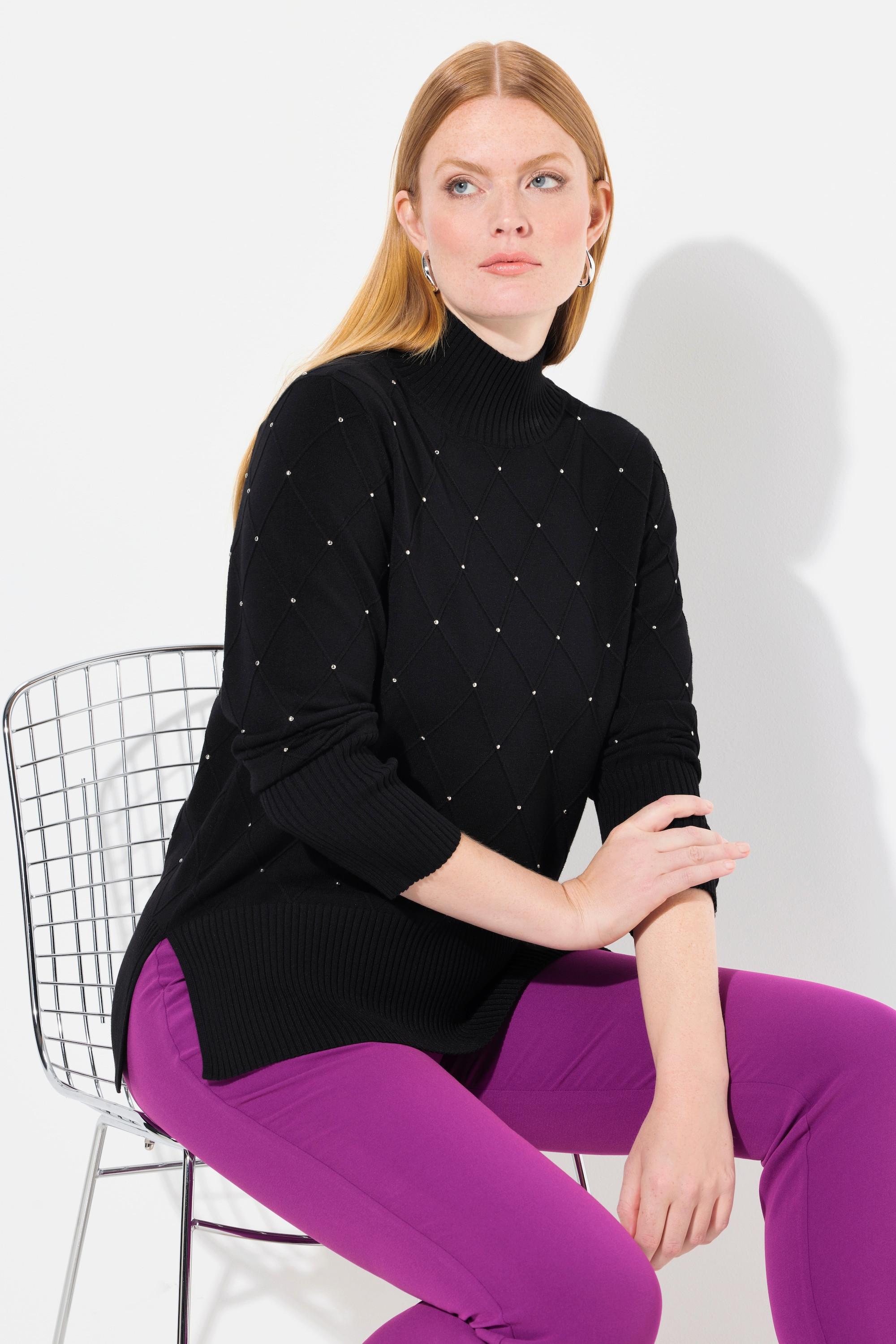 Ulla Popken  Maglione lungo con rombi, applicazioni, colletto alto e maniche lunghe 