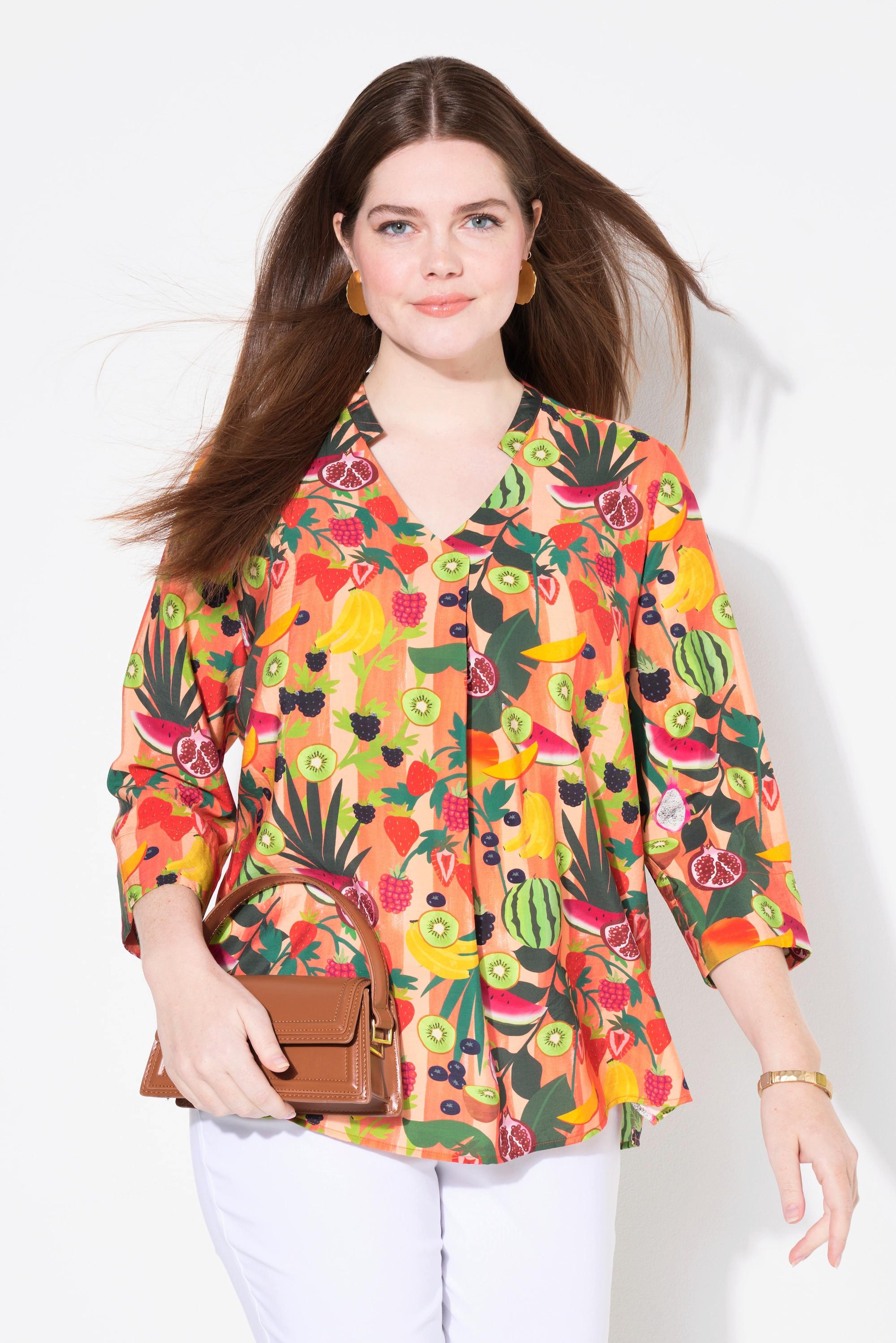 Ulla Popken Tunique Motif Fruits Col Montant Décolleté V Manches 3/4  