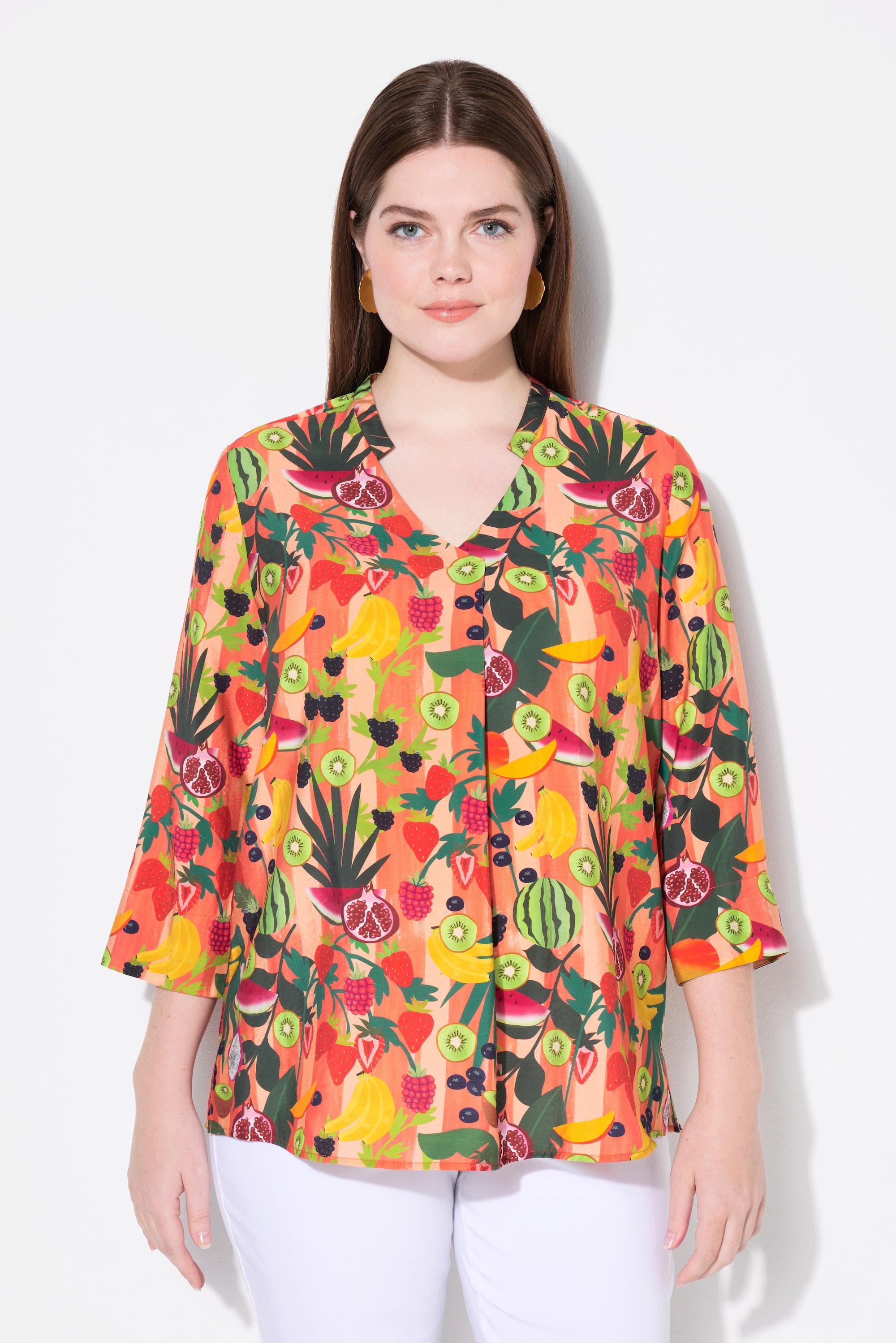 Ulla Popken Tunique Motif Fruits Col Montant Décolleté V Manches 3/4  