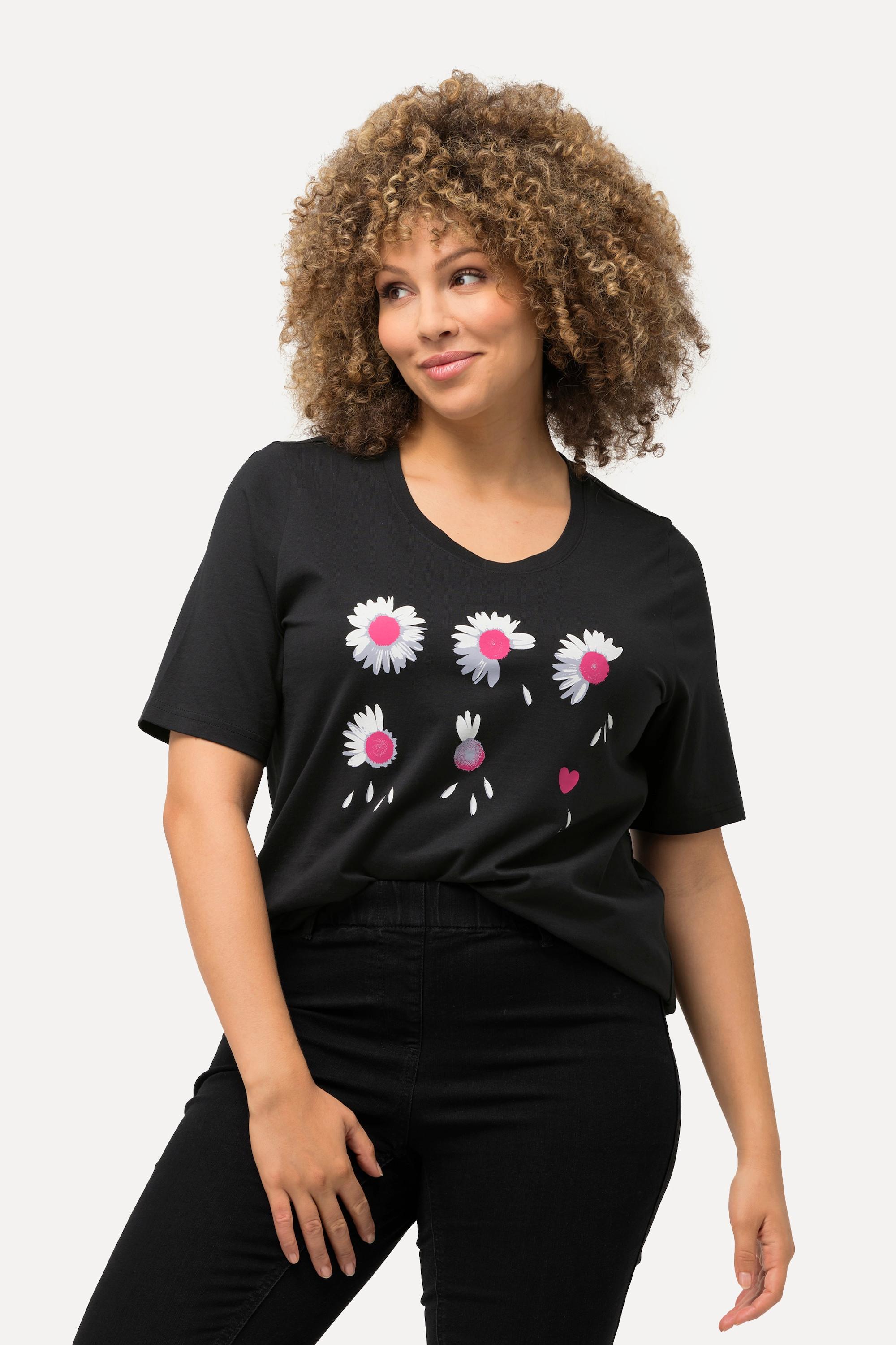 Ulla Popken  T-shirt classica con fiori, scollo a girocollo e mezze maniche 