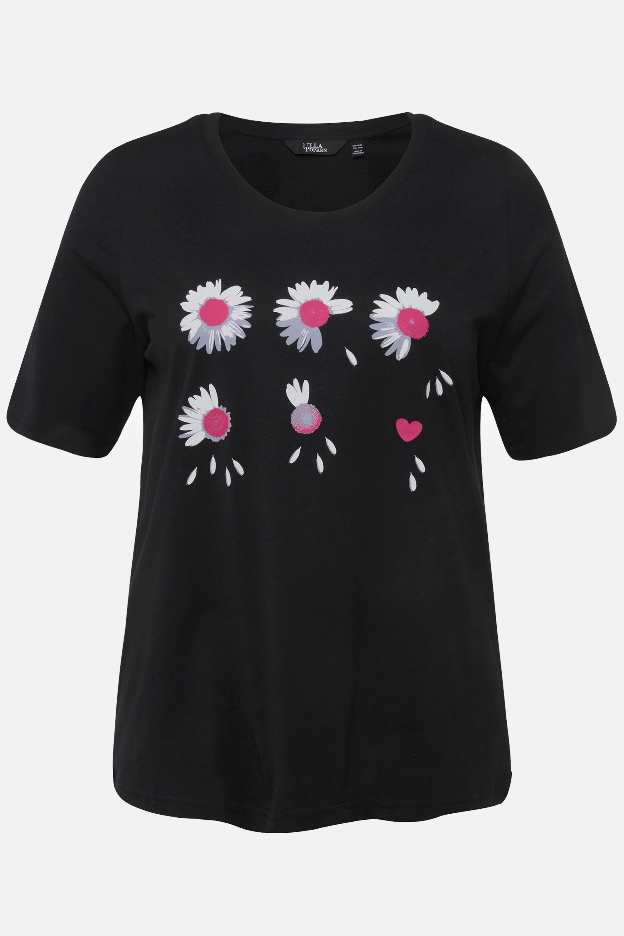 Ulla Popken  T-shirt classica con fiori, scollo a girocollo e mezze maniche 